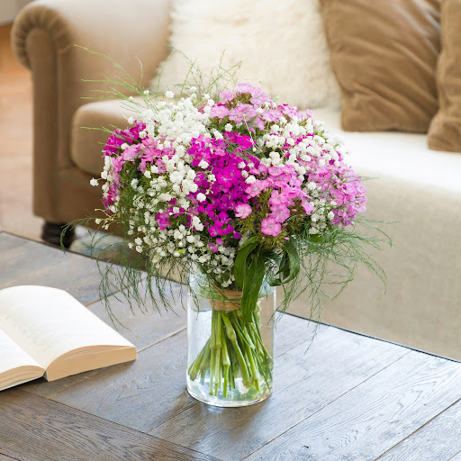 bouquet in vaso trasparente di garofani viola, bianchi e rosa