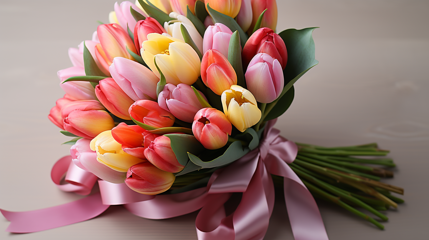 Bouquet di tulipani multicolore con fiocco rosa.