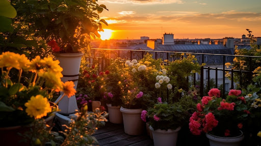 Terrazzo con vista sul tramonto e fiori e piante da coltivare