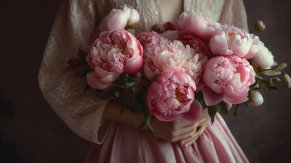 bouquet di peonie rosa tenute in mano da una ragazza