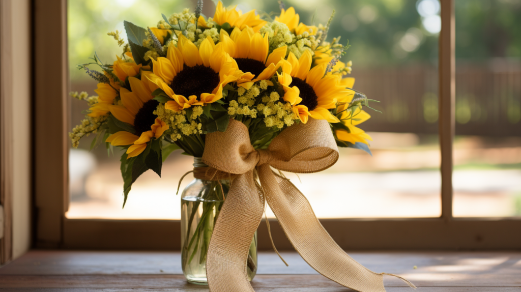 Bouquet di girasoli con fiocco in raso immerso in acqua davanti a una finestra