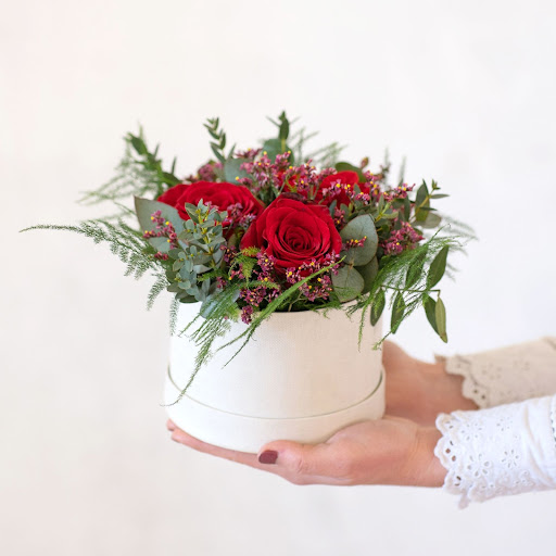 rose rosse in vaso tondo bianco tenuto da due mani